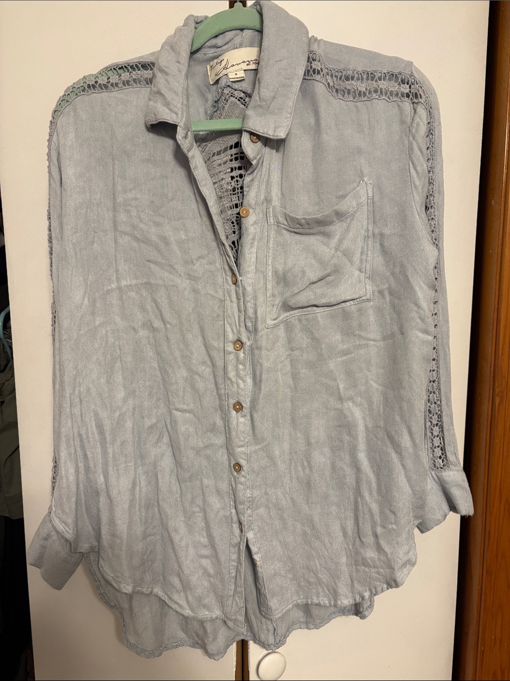 Vintage Havana Light Blue  Button-Down Shirt with Crochet Trim